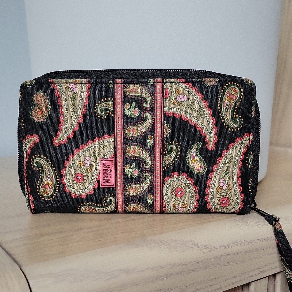 Maggi B Large Black Green and Pink Paisley Wallet w Pocket Wristlet